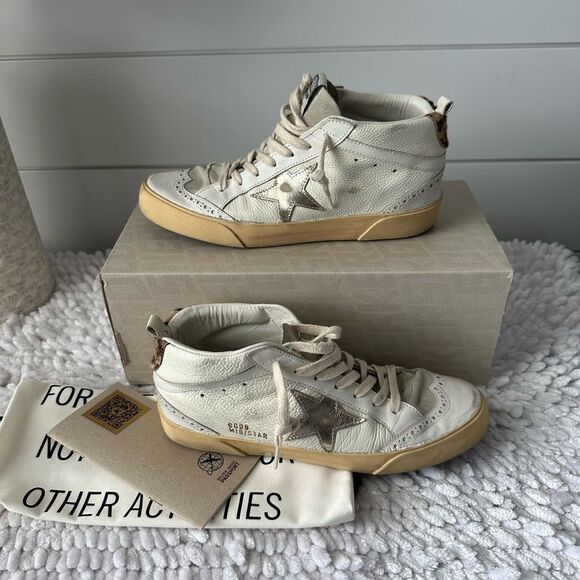 Golden Goose Mid Star Off White Sneakers Leopard Fur Heel - Picture 1 of 14